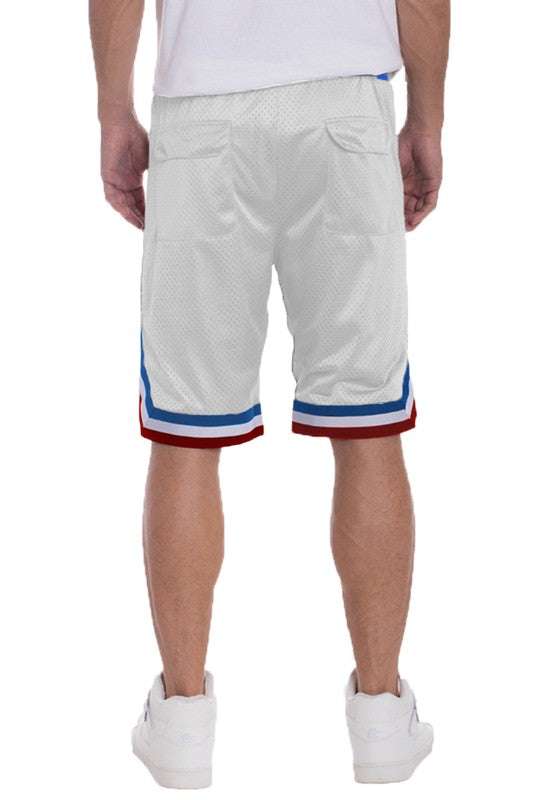Men's striped band basketball shorts with contrast waistband and hemline, featuring a regular fit and side zippered pockets.